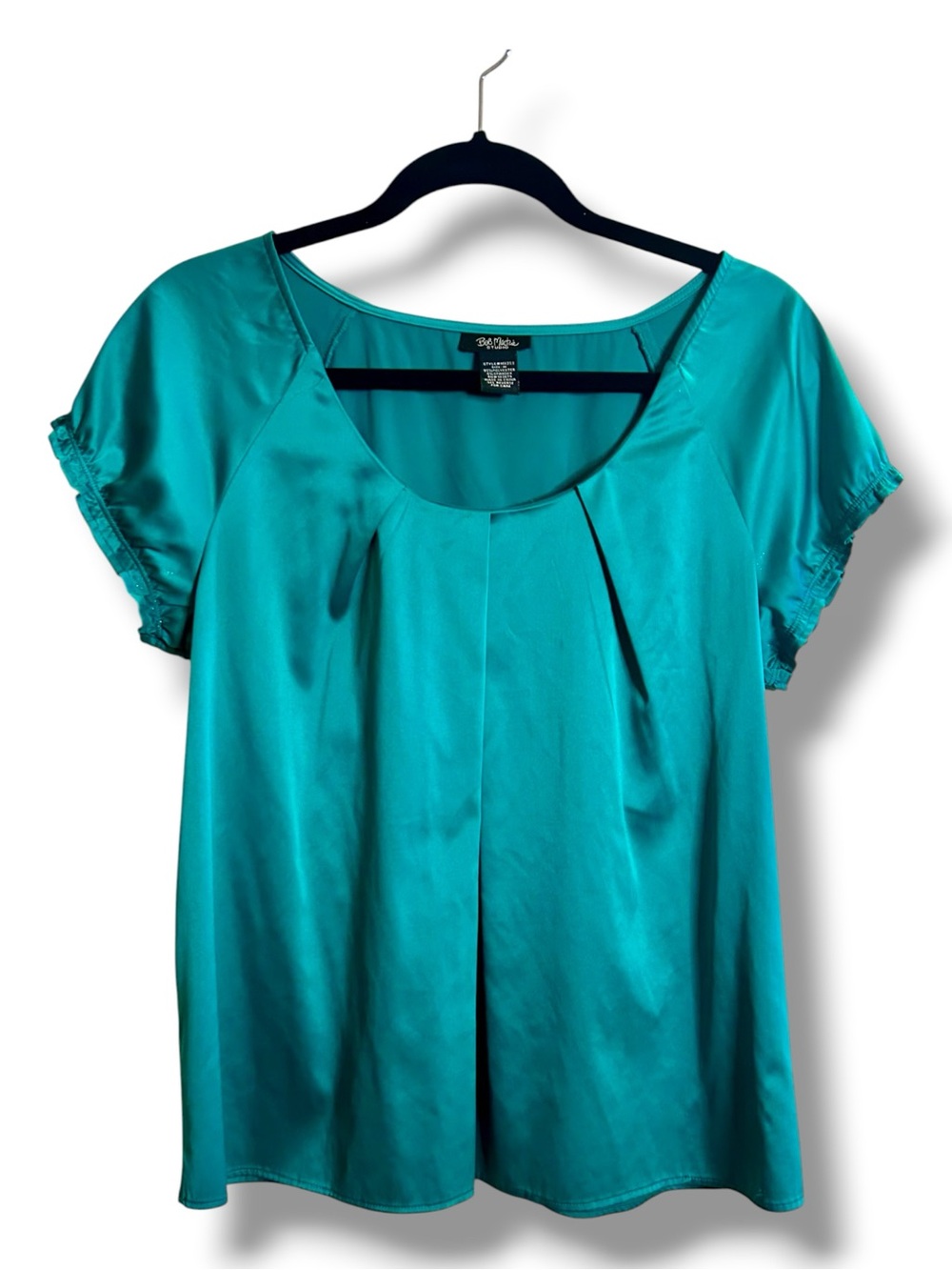 Bob Mackie Satin Teal Short Sleeve Scoop Neck Blouse Pleated Drape Top Ruffles M
